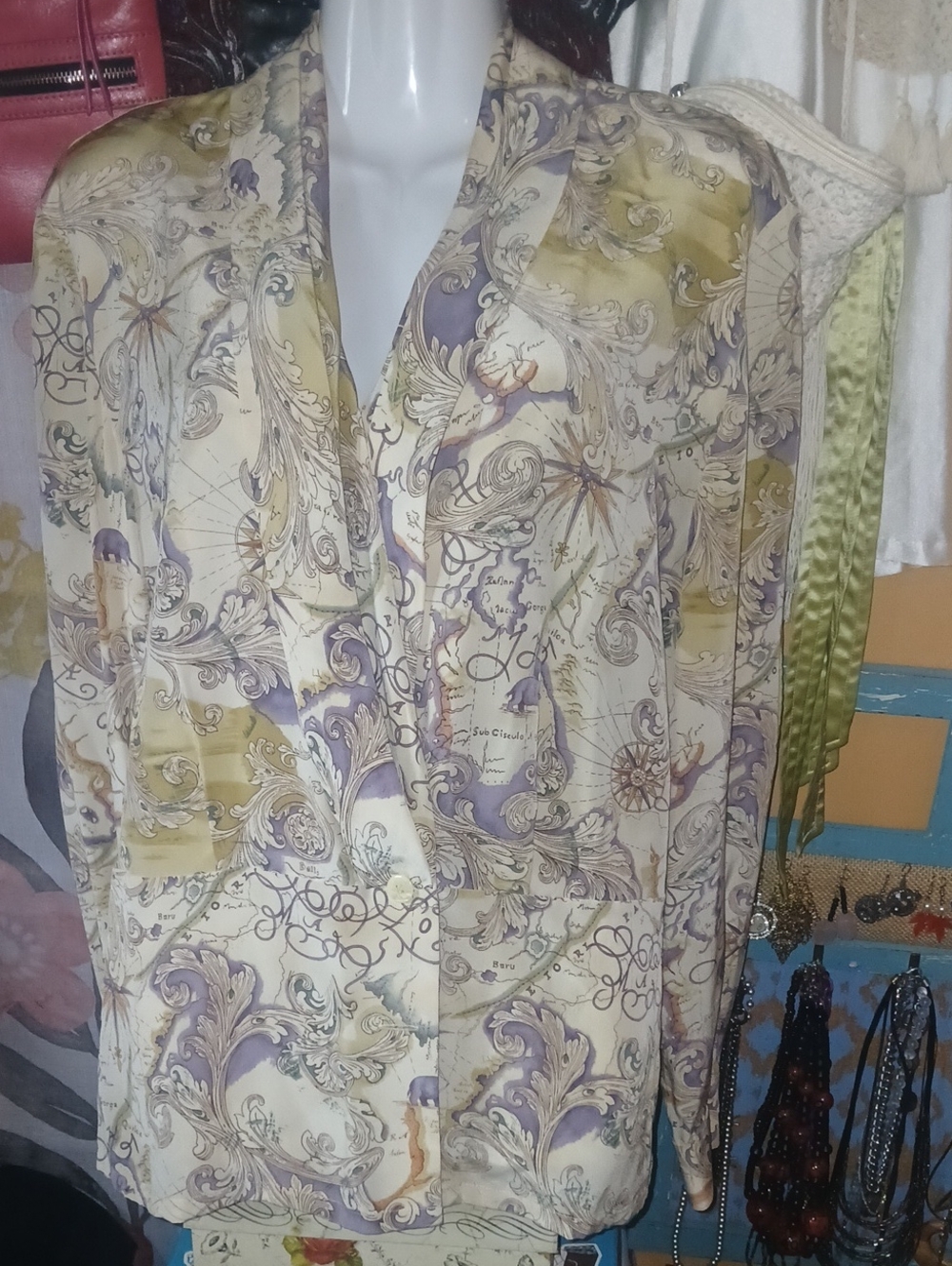 90s Vintage Silk Dana Buchman Map Print Button Up Business Top 10